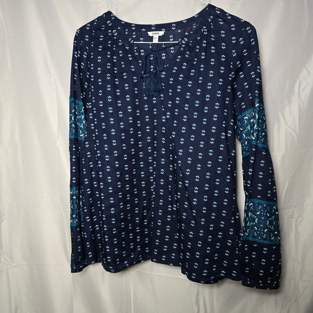 Sonoma Goods for Life Navy Blue Boho Tassel Peasant Blouse Large Paisley Sleeves